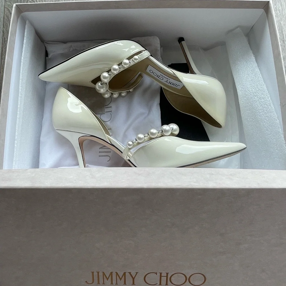 Jimmy Choo | Latte Patent Leather Pointed Pumps with Pearl - Picture 2 of 5